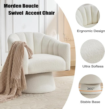 Swivel Accent Chair,Upholstered Teddy 360° Swivel Barrel Chair for Living Room Overstuffed Bouncle Reading Chair Round Armchair for Bedroom,Vanity,Office-White