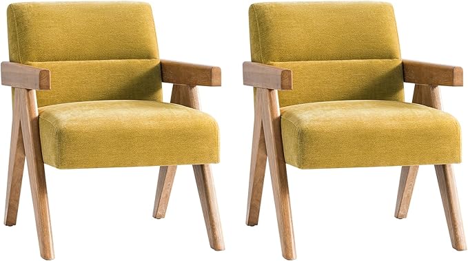 HULALA HOME Modern Accent Chair, Upholstered Arm Chair with Solid Wood Frame, Comfortable Padded Seat and Back, for Living Room, Bedroom Set of 2, Mustard
