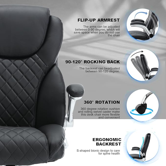 Executive Office Chair, High Back Faux Leather Ergonomic Office Desk Chairs with Wheels, 90-120° Rocking Managerial Swivel Home Computer Chairs with Flip up Arms Lumbar Support(Black)