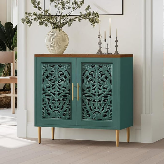 ARTPOWER Accent Cabinet with 2 Doors, Vintage Hollow Carving Buffet Cabinet, Sideboards and Buffets with Storage, Credenza for Living Room, Kitchen, Dining Room, Entryway, Hallway, Green