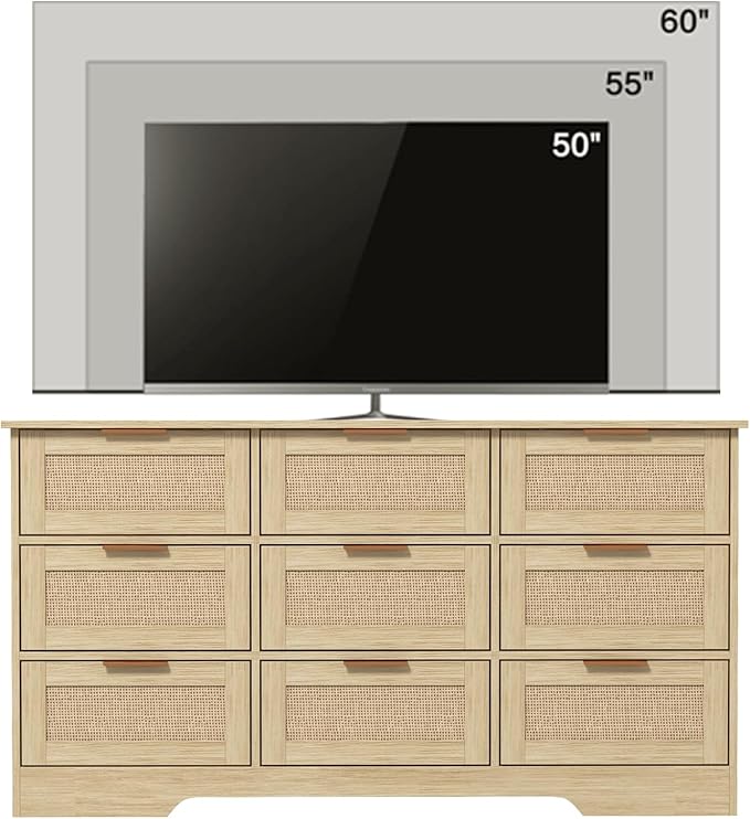LTMEUTY 9 Drawer Dresser for Bedroom, Rattan Chest of Drawers, Modern Boho Wood Dresser Chest with Golden Handles, 55” Wide Large Storage Long Dressers Organizer for Closet, Entryway, Living Room