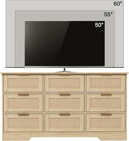 LTMEUTY 9 Drawer Dresser for Bedroom, Rattan Chest of Drawers, Modern Boho Wood Dresser Chest with Golden Handles, 55” Wide Large Storage Long Dressers Organizer for Closet, Entryway, Living Room