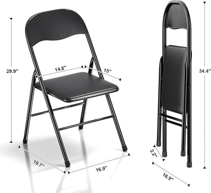 VECELO Folding Chairs 4 Pack Metal Portable with Soft PU Padded Seats for Home/Office/Party, Black