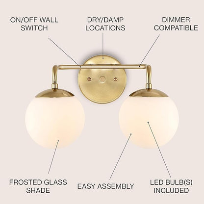 JONATHAN Y JYL3535A Louis Parisian Globe 15" 2-Light Metal/Frosted Glass Modern Contemporary LED Vanity Midcentury Glam 2700K LED 4W Bulbs Entryway Lobby Kitchen Bathroom Bedroom Hallway, Brass Gold