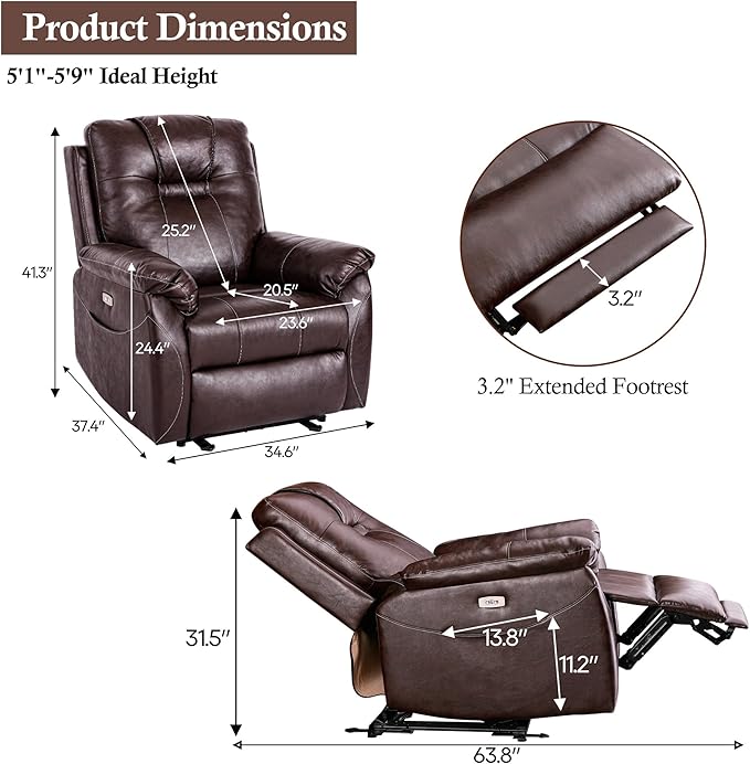 Power Recliner Chair with Heat and Massage, Electric Leather Recliner Chair for Adults with Extended Footrest, USB Port & Side Pockets, Faux Leather Massage Chair for Living Room (Brown)