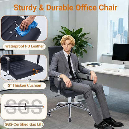 Sidanli Ergonomic Office Chair, Executive PU Leather Desk Chair with Adjustable Lumbar Support and Smooth-Rolling Wheels for Home Office Conference Room, High Back, Black