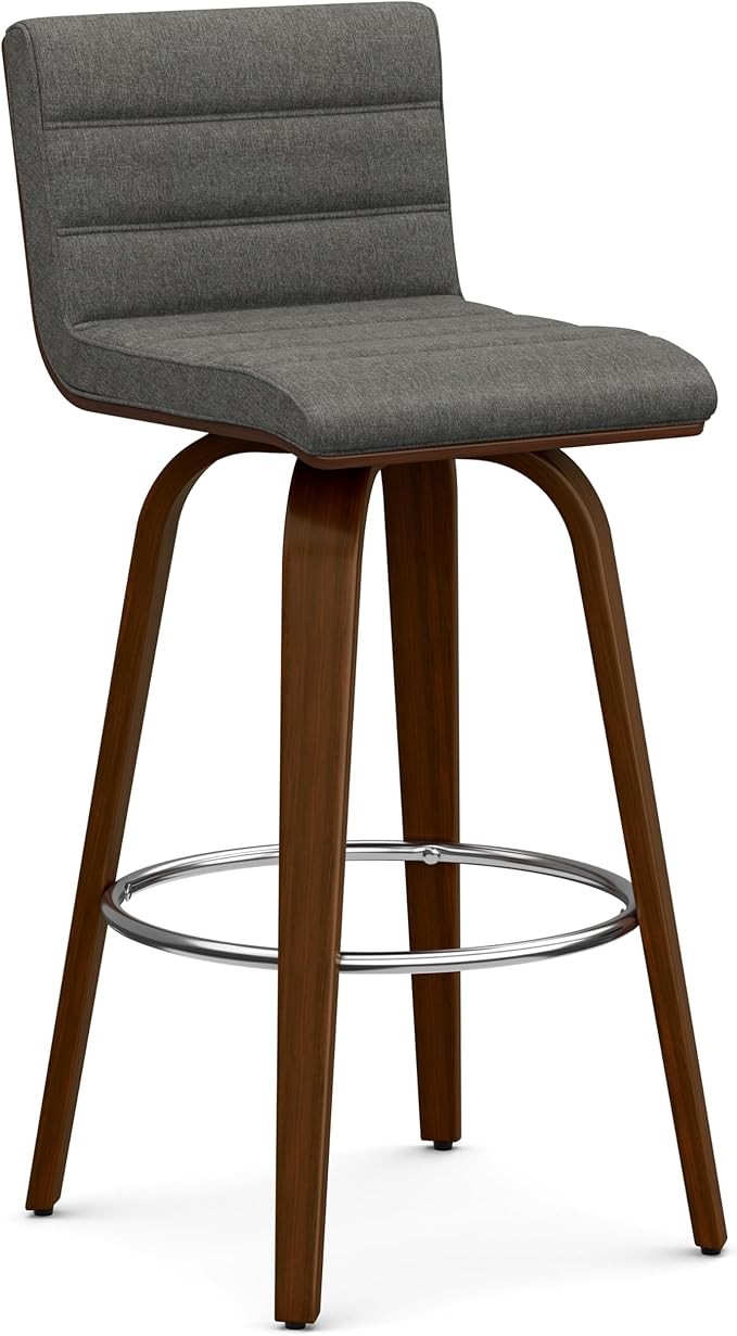 SIMPLIHOME Roland Swivel Bar Stool - 28 inch Seat Height Upholstered Wood Chair in Grey Linen Look Fabric, Mid Century Modern Seating for Kitchen or Bar with Curved Bentwood Back and Footrest