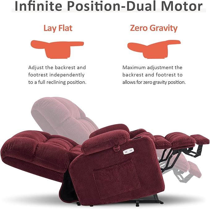 MCombo Dual Motor Power Lift Recliner Chair for Elderly, Lay Flat Lift Chair with Heat and Massage, Petite Lift Chair, Cup Holders, USB A&C Ports, Fabric 7893 (Small, Burgundy)