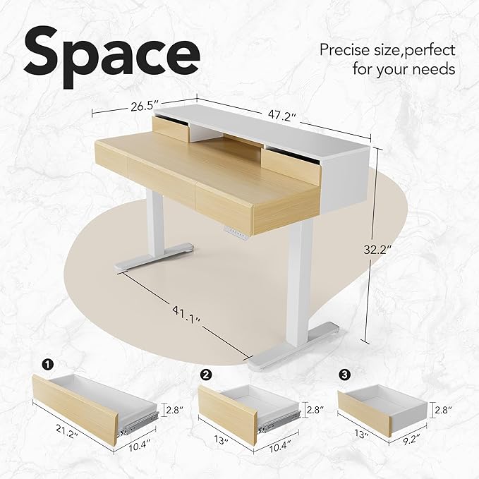 HUANUO Electric Standing Desk with Drawers, 48 Inches Height Adjustable Stand Up Desk with Monitor Shelf, Whole-Piece Board Computer Workstation with 4 Memory Height Settings, Light Walnut