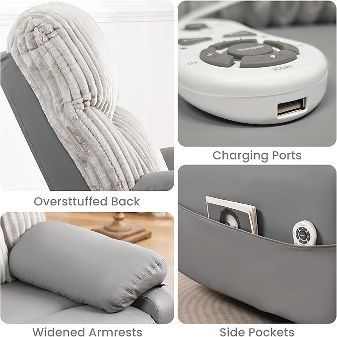Power Swivel Rocker Recliner Chair with Massage and Heat for Adults, Electric Infinite Position Recliner with USB Charging Port, Corduroy and PU Leather Mixed Fabric, Easy Assembly (Grey)