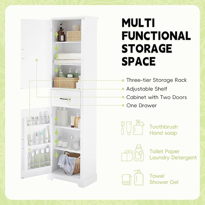 Bathroom Tall Storage Cabinet, Floor Freestanding Storage Cabinet with 2 Doors, One Drawer, Door Shelve Design, and Adjustable Shelf for Bathroom, Office, Multi-Use Organizer, White