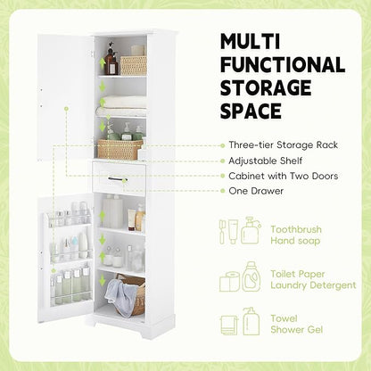 Bathroom Tall Storage Cabinet, Floor Freestanding Storage Cabinet with 2 Doors, One Drawer, Door Shelve Design, and Adjustable Shelf for Bathroom, Office, Multi-Use Organizer, White