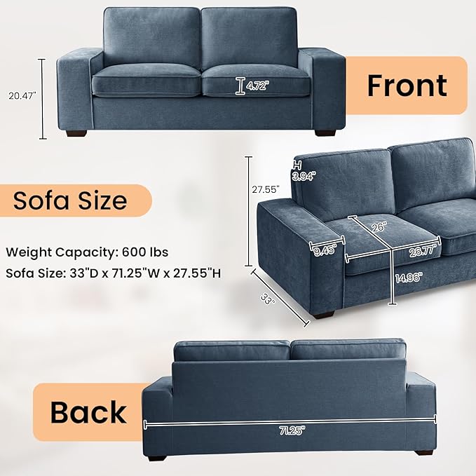 RISAR 71.25" Modern Loveseat Sofa for Living Room, Chenille Couch with Removable Cover & Spring Cushions, Solid Wood Frame, Easy Assembly for Small Spaces (Blue)