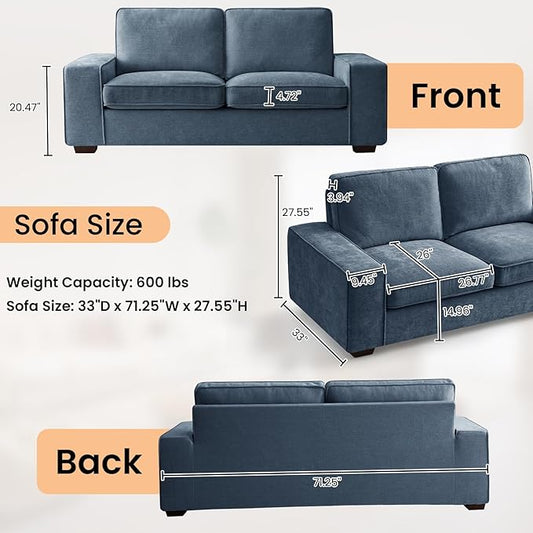 RISAR 71.25" Modern Loveseat Sofa for Living Room, Chenille Couch with Removable Cover & Spring Cushions, Solid Wood Frame, Easy Assembly for Small Spaces (Blue)