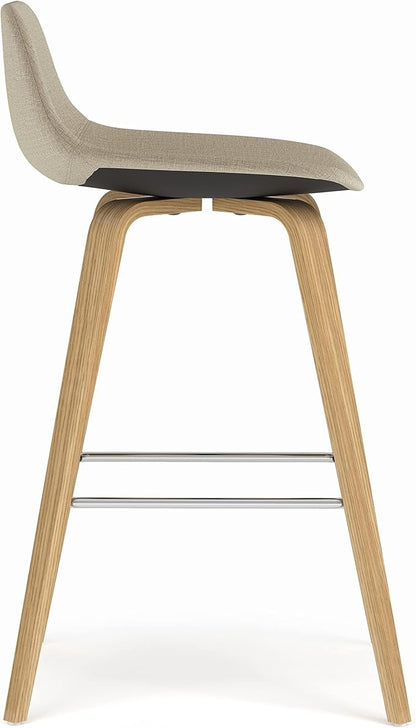 SIMPLIHOME Randolph Counter Stools (Set of 2) - 28 Inch Seat Height Upholstered Bentwood Kitchen Seats in Natural Polyester Linen Fabric, Mid Century Modern Seating with Curved Backrest and Footrest