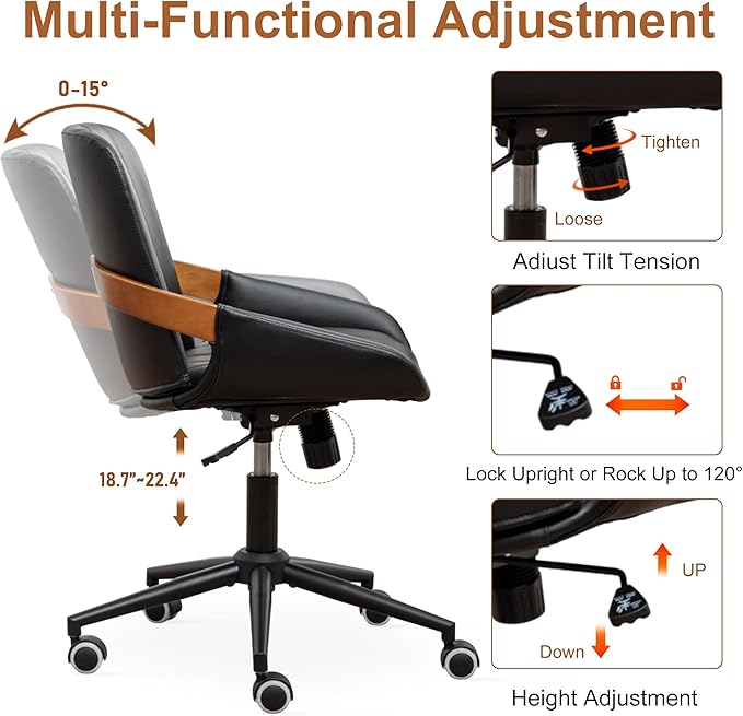 Small Home Office Chair No Arms,PU Leather Desk Chair with Wheels,Adjustable Height Work Chair,360° Swivel Computer Desk Chair for Office, Reading and Study (Black)