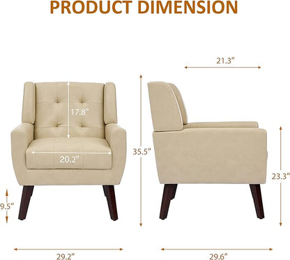 Faux Leather Accent Chair, Mid-Century Modern Upholstered Armchair, Comfy Living Room Chairs Reading Chairs with Button Tufted Back & Solid Wood Legs for Bedroom, Office, Cream