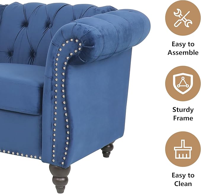 2 Piece Living Room Sofa Set, 3 Seater Velvet Sofa Couch and Chair Set, Mid Century Modern Upholstered Couch with Cushions, Comfy Tufted Chesterfield Couches for Living Room, Bedroom, Office