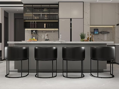 PU Leather Bar Stools, Modern Upholstered Counter Height Bar stools 24" Leather Barstools Barrel Kitchen Counter Island Stools with Black Metal Base, Black