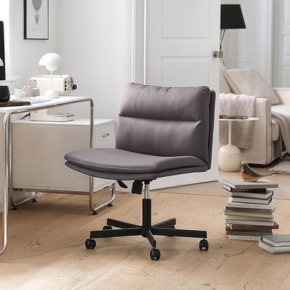 EMIAH Armless Office Desk Chairs with Wheels Criss Cross Chair PU-Leather Mid-Back Ergonomic Home Office Computer Comfortable Thickened Cushion Adjustable Swivel Chair-Chocolate Brown