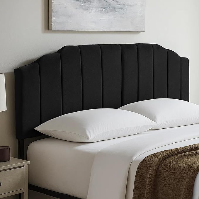 Upholstered Headboard Adjustable Height Queen/King Headboard Cream Velvet Tufted Modern Vertical Channel Design with Stepped Silhouette Top Edge(Black Queen)