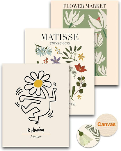 HesenDot Unframed Floral Wall Art Set of 3,12x16in Matisse Canvas Prints,Abstract Keith Haring Botanical Posters Decor,Minimalist Modern Flower Artwork for Living Room Bedroom Office Home