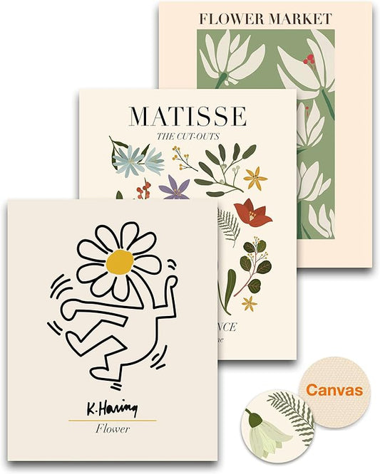 HesenDot Unframed Floral Wall Art Set of 3,12x16in Matisse Canvas Prints,Abstract Keith Haring Botanical Posters Decor,Minimalist Modern Flower Artwork for Living Room Bedroom Office Home