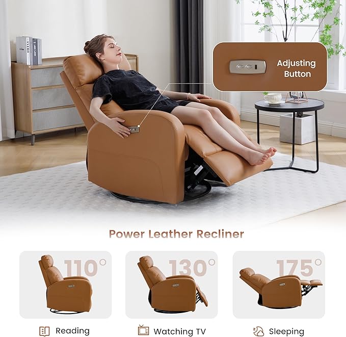 Power Recliner, Faux Leather Swivel Rocker Recliner Chair with USB Port, Electric Swivel Rocking Reclining Chair Glider Recliner for Adults Living Room, Brown