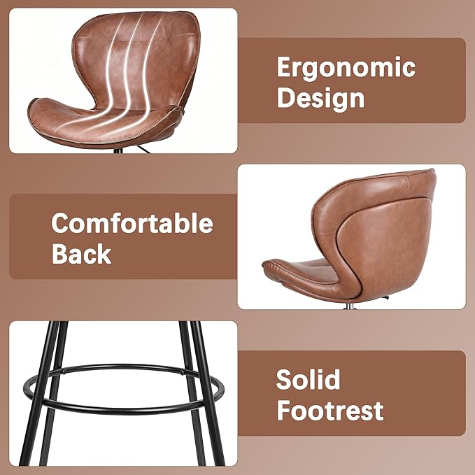 VECELO Swivel Counter Height Bar Stools Set of 2, Faux Leather Upholstered Bar Chairs with Back, Sturdy, Stylish, Easy to Clean, Barstools for Kitchen Island, Brown