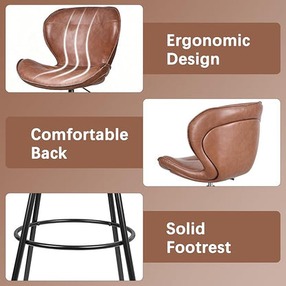 VECELO Swivel Counter Height Bar Stools Set of 2, Faux Leather Upholstered Bar Chairs with Back, Sturdy, Stylish, Easy to Clean, Barstools for Kitchen Island, Brown