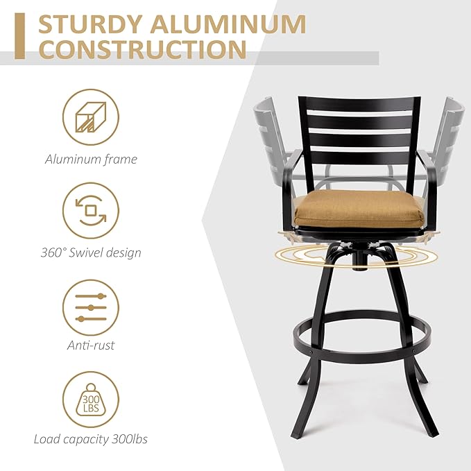 Pellebant 29.5" Sunbrella Outdoor Bar Stools Set of 2, Aluminum Swivel Patio Bar Height Bar Stools with Back & Footrest, Rust-Proof Tall Barstools for Deck Lawn Garden,Teak