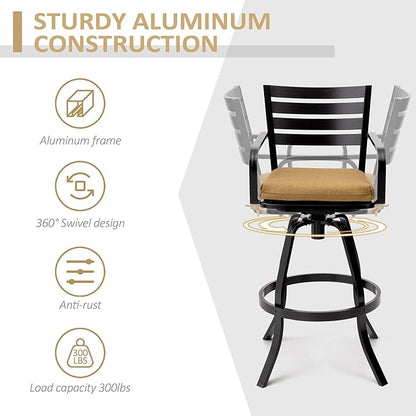 Pellebant 29.5" Sunbrella Outdoor Bar Stools Set of 2, Aluminum Swivel Patio Bar Height Bar Stools with Back & Footrest, Rust-Proof Tall Barstools for Deck Lawn Garden,Teak
