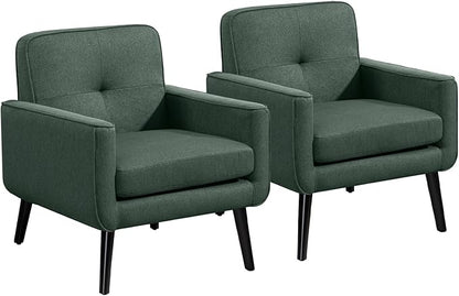 Accent Chair Set of 2, Fabric Modern Chair with Wooden Frame, Cozy Armchair Reading Chair with Comfy Back for Apartment, Living Room, Bedroom, Waiting Room, Small Space, Corner, Green