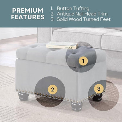 Convenience Concepts Designs4Comfort 5th Avenue Storage Ottoman 24" - Contemporary Foot Stool and Seat with Hinged Lid for Living Room, Dining Room, Office, Den, Gray Velvet