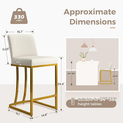 MAISON ARTS Bar Stools Set of 2, 24 Inch Counter Height Barstools with Back, Modern Upholstered Faux Leather Bar Chairs for Kitchen Island Home Bar, Gold Metal Frame, Footrest, Off White