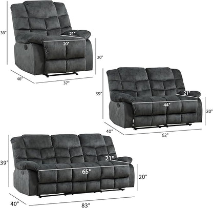 EBELLO Reclining Living Room Set, One Seat Manual Recliner, Loveseat Recliner Sofa and 3PC Bonded Manual Sofa Couch, Grey Green