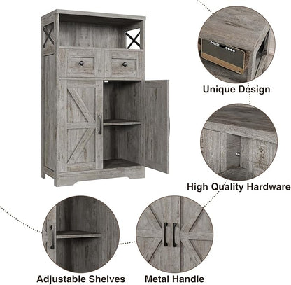 Small Farmhouse Storage Cabinet with Barn Doors, Farmhouse Kitchen Pantry Cabinet, Tall Coffee Bar with Storage, Hutch Cupboard for Kitchen, Laundry, Living Room, Washed Grey