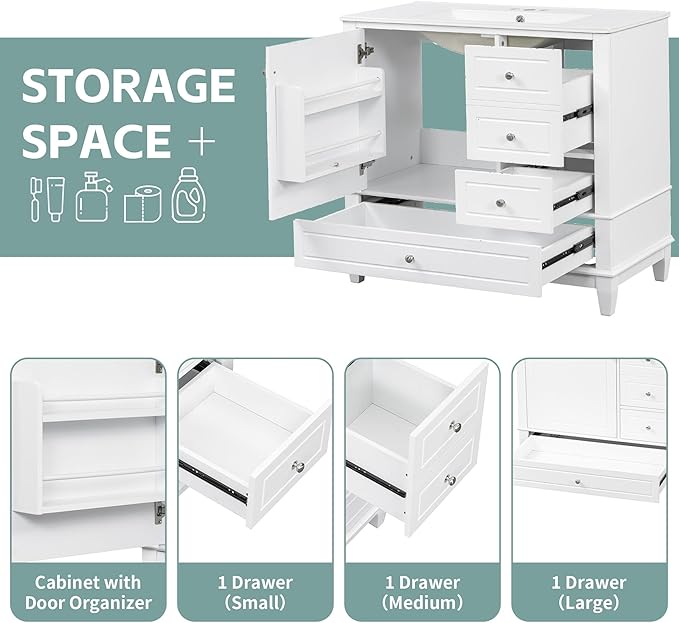 36 Inch Bathroom Vanity with Sink Set, Undermount Vanity Sink Cabinet with 3 Drawers and Door Storage, Soft Closing Door, Wood Frame, White