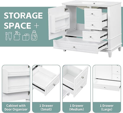 36 Inch Bathroom Vanity with Sink Set, Undermount Vanity Sink Cabinet with 3 Drawers and Door Storage, Soft Closing Door, Wood Frame, White