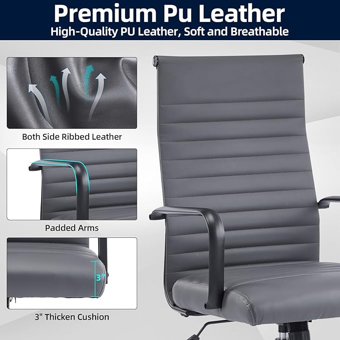 Office Chair, Ergonomic Executive Conference Room Chairs, Ribbed Leather Desk Chair with Lumbar Support, Adjustable Height Mid-Back Swivel Chair with Padded Seat