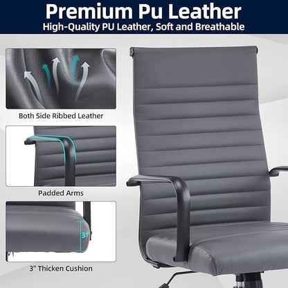 Office Chair, Ergonomic Executive Conference Room Chairs, Ribbed Leather Desk Chair with Lumbar Support, Adjustable Height Mid-Back Swivel Chair with Padded Seat