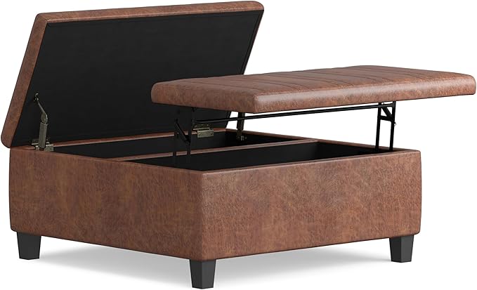SIMPLIHOME Ellis 36 inch Wide Contemporary Square Coffee Table Storage Ottoman in Distressed Saddle Brown Vegan Faux Leather, Assembled, For the Living Room and Bedroom