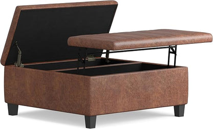 SIMPLIHOME Ellis 36 inch Wide Contemporary Square Coffee Table Storage Ottoman in Distressed Saddle Brown Vegan Faux Leather, Assembled, For the Living Room and Bedroom