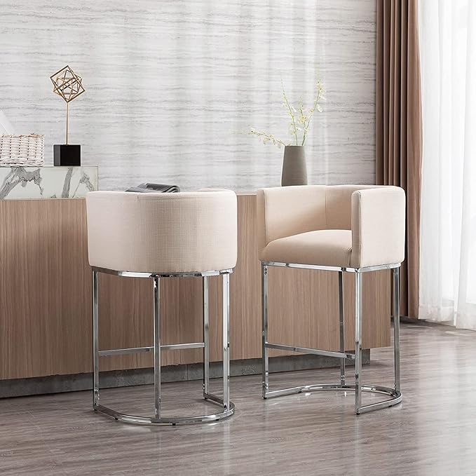Contemporary Linen Bar Stools Set of 4, 29" Upholstered Fabric Counter Height Barstools Kitchen Counter Island Stools with Screwed Together Chrome Finish Base, Cream