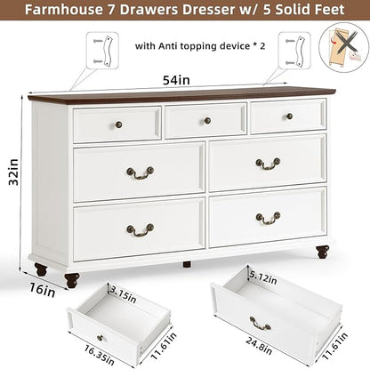 Bedroom Dresser Sets, 54" Wide 7 Drawers Dresser and 45" Tall 5 Drawers Dresser, Wooden 2 Piece Bedroom Furniture Set, Chest of Drawer for Bedroom, Home, Living Room, Hallway, White