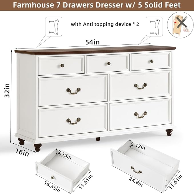 Bedroom Sets, 54" Wide 7 Drawers Dresser and 37" Tall 4 Drawers Dresser, Wooden 2 Piece Bedroom Furniture Set, Chest of Drawer for Bedroom, Home, Living Room, Hallway, White