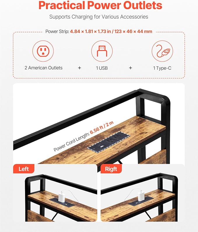 VEVOR Headboard for King Size Bed, Adjustable Height Headboard with Storage Shelf, King Size Freestanding Head Board with Outlets and USB Port for Different Bed Frames, Easy Assembly, Black and Brown
