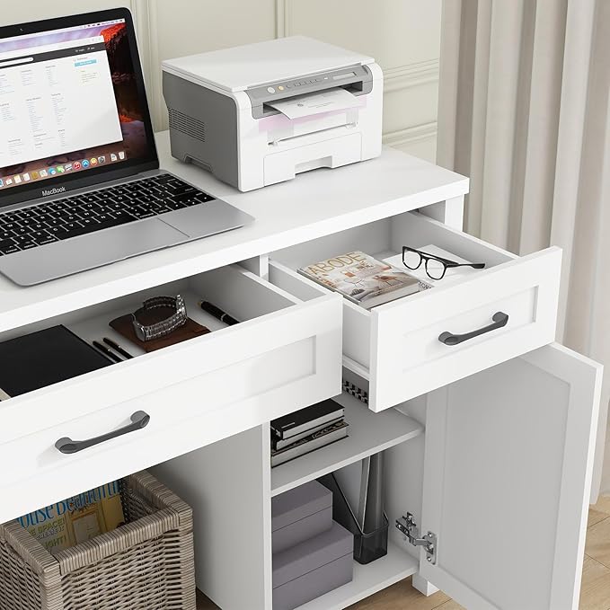 Farmhouse 47" Executive Desk, Computer Desk with Drawers and Storage Cabinet, Workstation for Home Office and Study.(Cream White)
