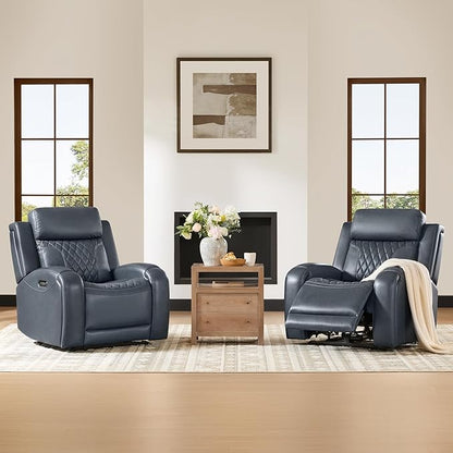 CHITA Genuine Leather Recliner Chair for Adults with Adjustable Power Headrest, Lay Flat Power Recliner with Slide-Out Cupholders & USB/Type-C Ports, Living Room Chair, Navy Blue
