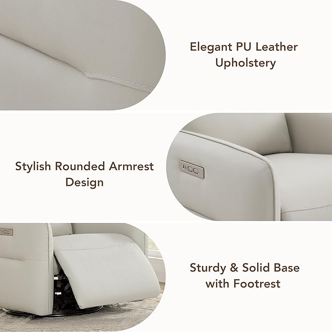 CHITA Faux Leather Power Recliner Chair, Swivel Glider Recliner for Adults, Nursery Rocking Chair with USB & Type-C Charging for Living Room, Bedroom, Creamy Grey